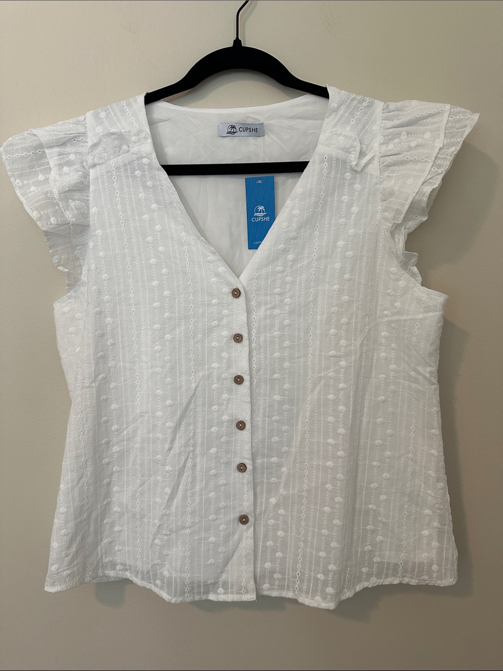 Cupshe White Eyelet Button Front Flutter Sleeve Top